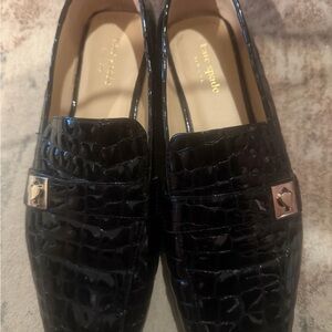 Kate Spade Black Croc-Embossed Loafers with Gold Detail